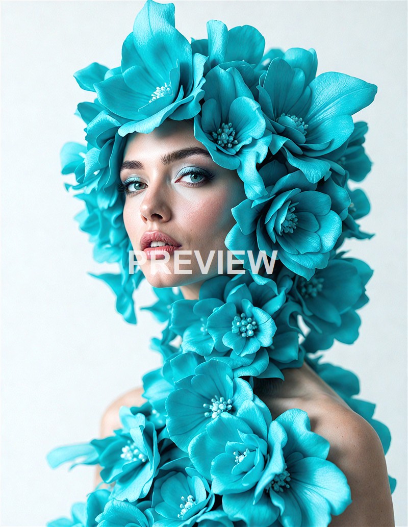 A woman with striking makeup and light blue eyes is adorned with an elaborate headdress and body covering made entirely of large, vibrant blue flowers.